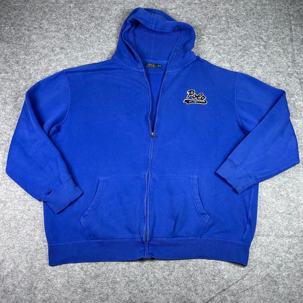 Polo Ralph Lauren Zip Hoodie Mens 3XL Tall Blue Script Patch Fleece Thermal Hood